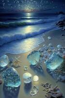 painting of shells and starfishs on a beach. . photo