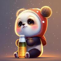panda bear holding a bottle of beer. . photo