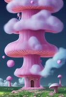 pink mushroom house sitting on top of a lush green field. . photo