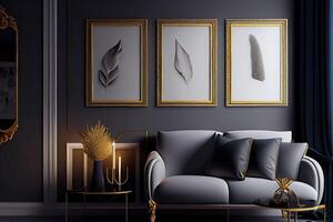 interior dersign, 3 picture frames on the wall, luxury furniture modern design for living room . photo