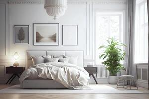 Beautiful, elegant Scandinavian design bedroom in white, with lots of natural light. Take a wide angle shot. Picture framed on the wall warm neutral tone furniture . photo