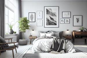 Beautiful, elegant Scandinavian design bedroom in white, with lots of natural light. Take a wide angle shot. Picture framed on the wall warm neutral tone furniture . photo