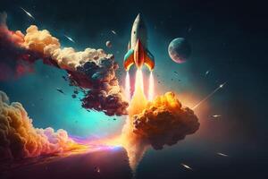 a rocket blasting off into space with vivid colors and details of its thrusters and flames. photo