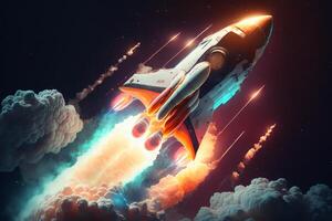 a rocket blasting off into space with vivid colors and details of its thrusters and flames. photo