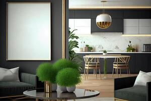 Mockup poster frame on the wall of living room with kitchen and dining room. Luxurious apartment background with contemporary design. Modern interior design . photo