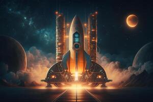 a rocket taking off from a futuristic launchpad with intricate designs and glowing lights. photo