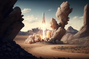 a rocket launching from a desert landscape, with a trail of dust and smoke left in its wake. photo