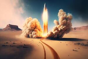 a rocket launching from a desert landscape, with a trail of dust and smoke left in its wake. photo