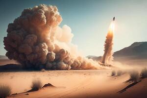 un cohete lanzamiento desde un Desierto paisaje, con un sendero de polvo y fumar izquierda en sus despertar. ai generado foto