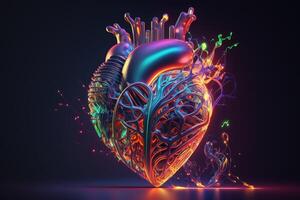 a three-dimensional, neon-lit heart with vibrant colors and a pulsating beat. photo
