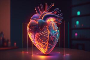 a three-dimensional, neon-lit heart with vibrant colors and a pulsating beat. photo