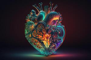 a three-dimensional, neon-lit heart with vibrant colors and a pulsating beat. photo