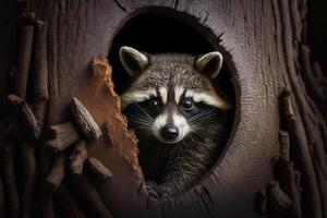 a curious raccoon peeking out of a tree hollow, with its masked face looking out. photo