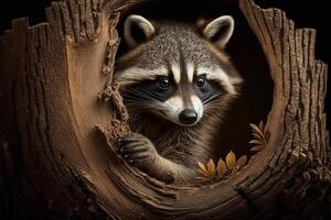 a curious raccoon peeking out of a tree hollow, with its masked face looking out. photo