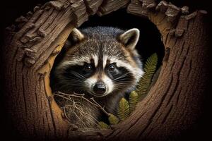 a curious raccoon peeking out of a tree hollow, with its masked face looking out. photo