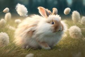 a fluffy bunny hopping through a meadow, with its ears perked up and nose twitching. photo