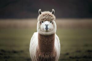 a fluffy alpaca standing in a field, with its big, expressive eyes looking directly at the viewer. photo
