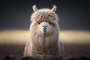 a fluffy alpaca standing in a field, with its big, expressive eyes looking directly at the viewer. photo