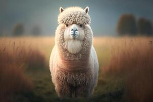 a fluffy alpaca standing in a field, with its big, expressive eyes looking directly at the viewer. photo