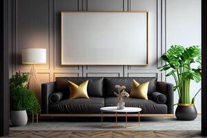 Mockup poster frame on the wall of living room. Luxurious apartment background with contemporary design. Modern interior design . photo