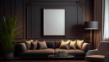 Mockup poster frame on the wall of living room. Luxurious apartment background with contemporary design. Modern interior design . photo