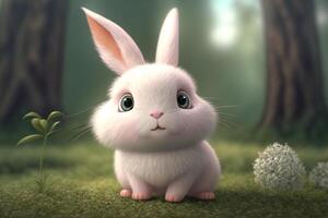 a cute 3D cartoon rabbit, with a fluffy white tail, pink nose, and long ears. photo