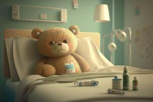 Cute teddy lying in hospital bed. photo