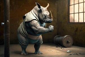 ai generado rinoceronte usa rutina de ejercicio paño. amor salud y aptitud concepto. foto