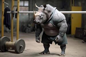 Rhino wears workout cloth. Love health and fitness concept. photo