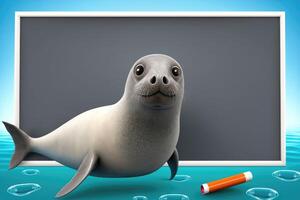 3D cute seal cartoon standing beside blank whiteboard in the ocean. 3D animal background. Suitable for banners, signs, logos, sales, discount, product promotions, etc. photo