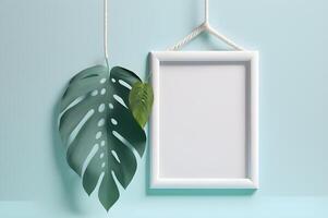 blank white frame on a pastel colored wall . photo