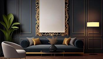 Mockup poster frame on the wall of living room. Luxurious apartment background with contemporary design. Modern interior design . photo