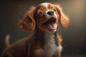 un contento perrito meneando sus cola, con sus lengua fuera y ojos espumoso. ai generado foto