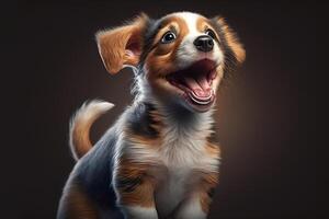 a happy puppy wagging its tail, with its tongue out and eyes sparkling. photo