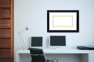 framed cerfificate mockup in a office wall . photo