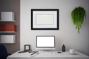 framed cerfificate mockup in a office wall . photo