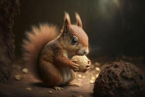 a curious squirrel nibbling on a nut, with its bushy tail twitching behind it. photo