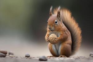 a curious squirrel nibbling on a nut, with its bushy tail twitching behind it. photo