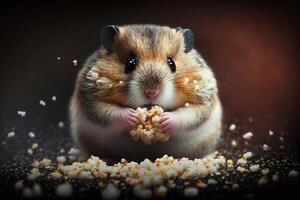 a chubby hamster stuffing its cheeks with food, with its tiny paws grasping the pellets. photo