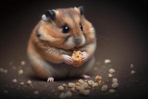 a chubby hamster stuffing its cheeks with food, with its tiny paws grasping the pellets. photo