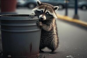 un mapache en pie en sus posterior piernas, mirando dentro un basura poder. ai generado foto