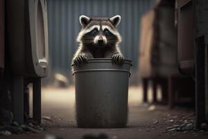 a raccoon standing on its hind legs, peering into a garbage can. photo