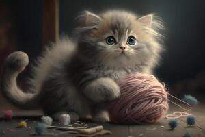 a playful kitten, with big, wide eyes and soft, fluffy fur, playing with a ball of yarn. photo