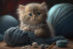 a playful kitten, with big, wide eyes and soft, fluffy fur, playing with a ball of yarn. photo