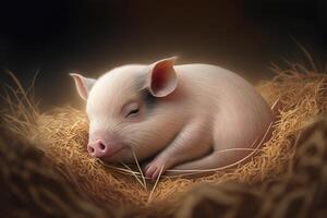 a tiny piglet napping on a bed of straw. photo