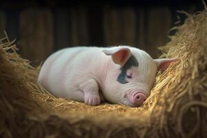 a tiny piglet napping on a bed of straw. photo