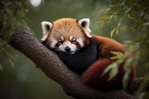 a sleepy red panda nestled in a tree, with its eyes closed and paw resting on a branch. photo