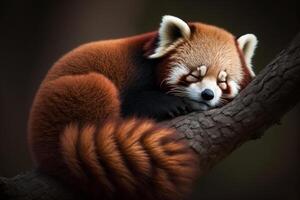 a sleepy red panda nestled in a tree, with its eyes closed and paw resting on a branch. photo