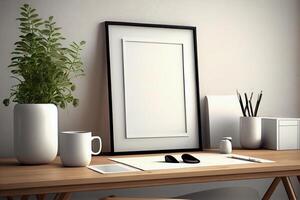 Mock up poster or photo frame on table minimalism loft desk space .