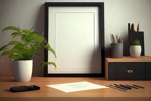 Mock up poster or photo frame on table minimalism loft desk space .